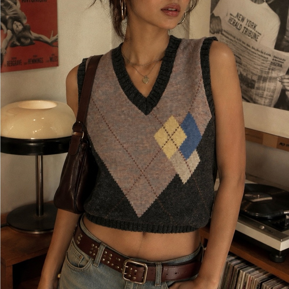 Classic Directions Argyle 100% Wool V-Neck Sweater Vest - XS